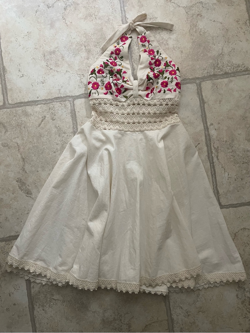 Vintage Cream Halter Dress with Pink Floral Embroidery